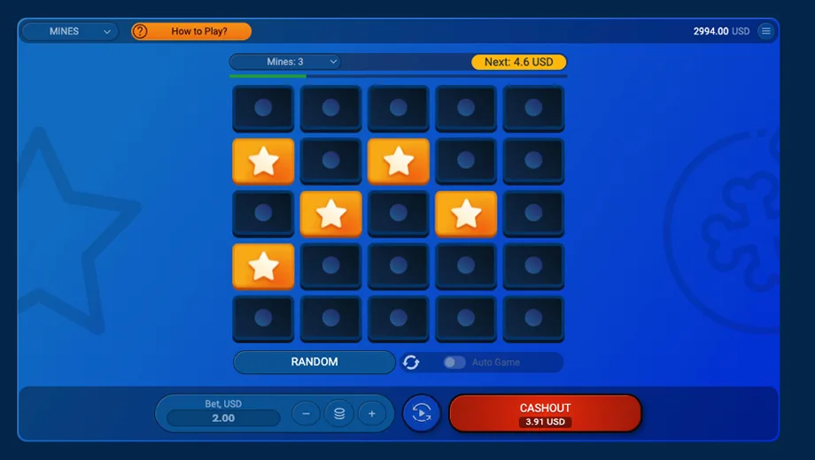 Mines arcade game 5x5 grid with diamond gems and hidden landmines