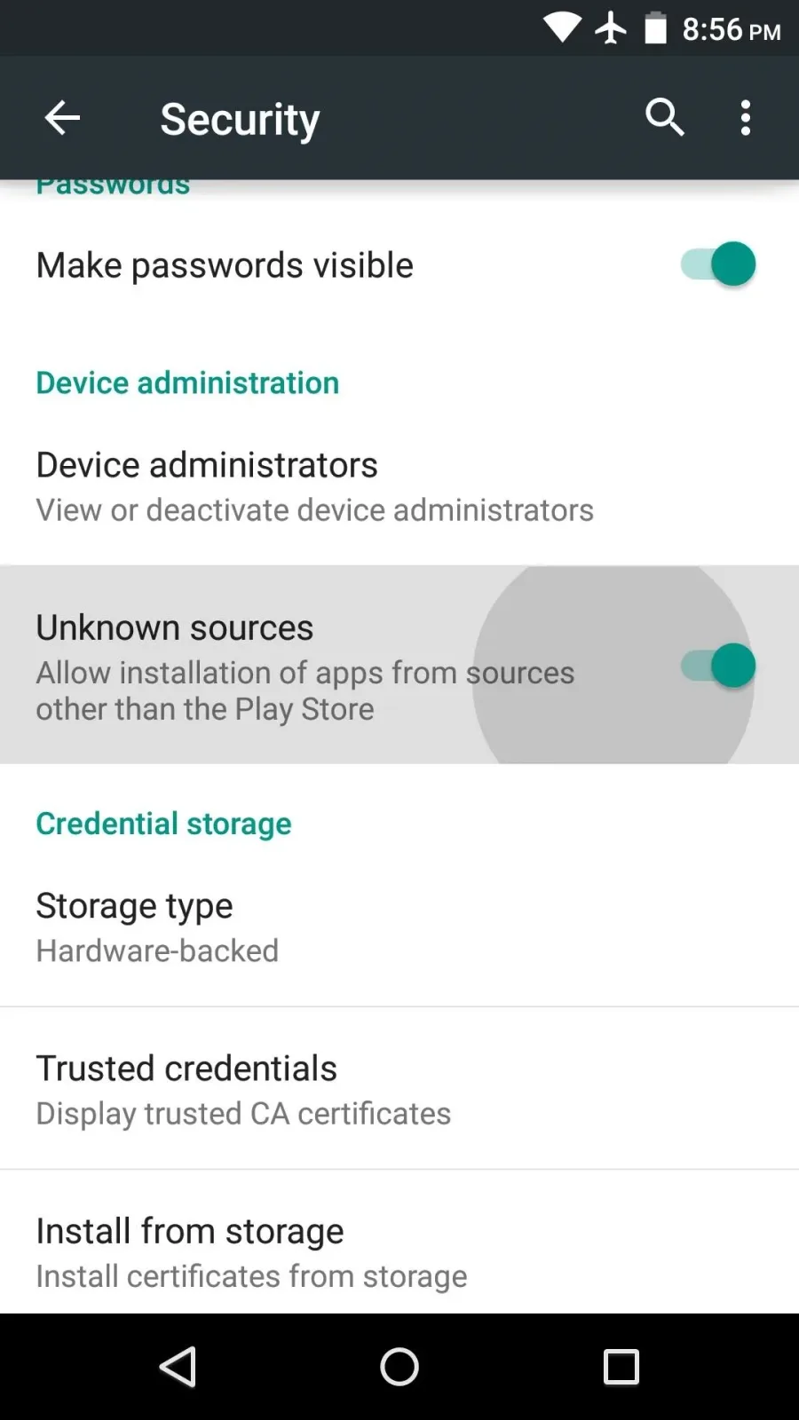 Enabling Install Unknown Apps permission in Android device settings