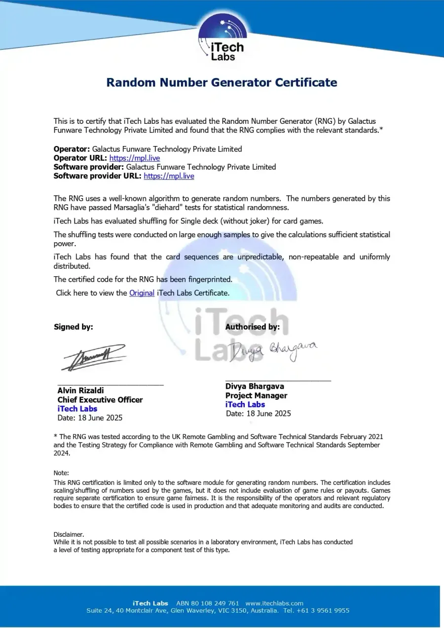 Random number generator compliance and technical audit report