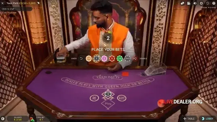 Live Teen Patti cash table featuring 3-card hand rankings